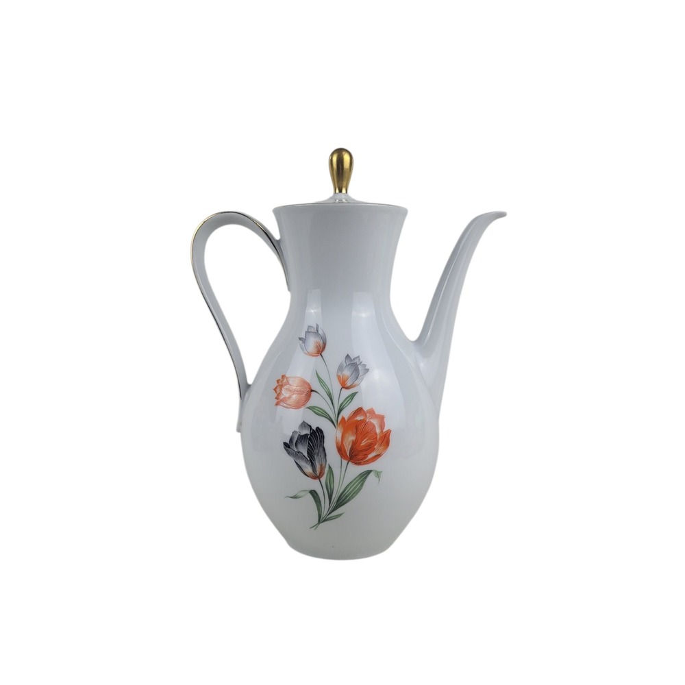 Bareuther Waldsassen Bavaria Tulip Coffee Pot Vintage German Porcelain Gold Trim
